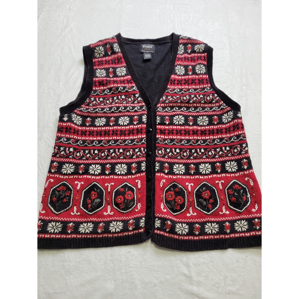 Designers Originals Studio Joy Sweater Vest Womens XL Red Black Fair Isle Floral